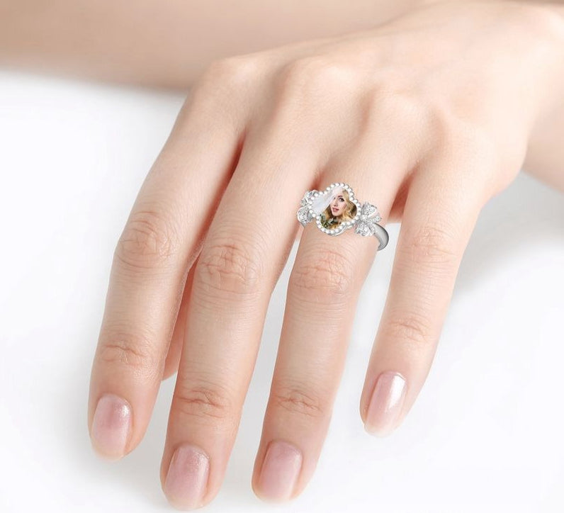 Personalized S925 Sterling Silver Four-Leaf Clover Photo Pendant Ring – Mother’s Day Jewelry, Factory Direct
