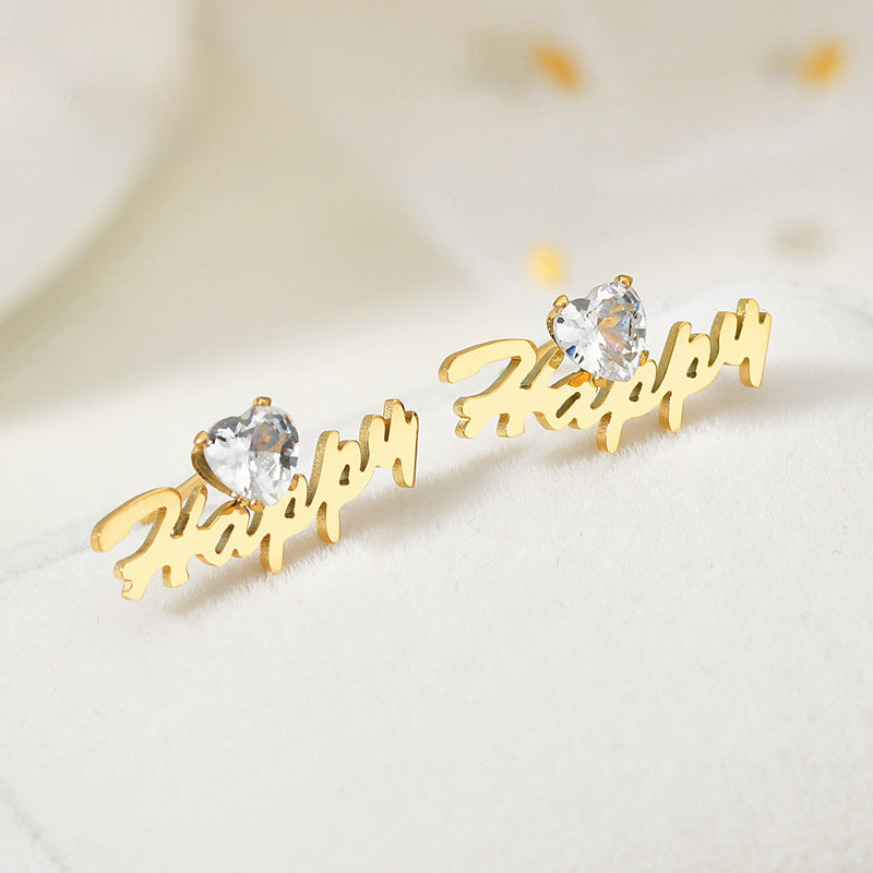 Elegant and stylish women's name earrings with diamond accents, popular stainless steel letter design.