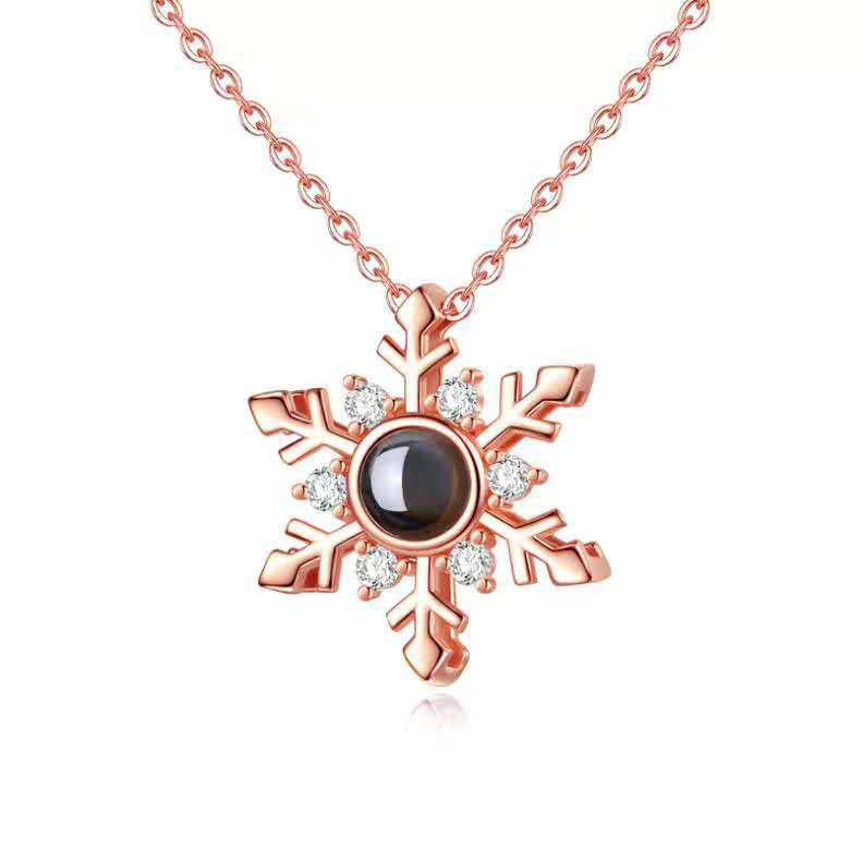 "100 Languages 'I Love You' Snowflake Necklace, featuring a nano projection pendant. Perfect for Valentine's or birthday gifts."