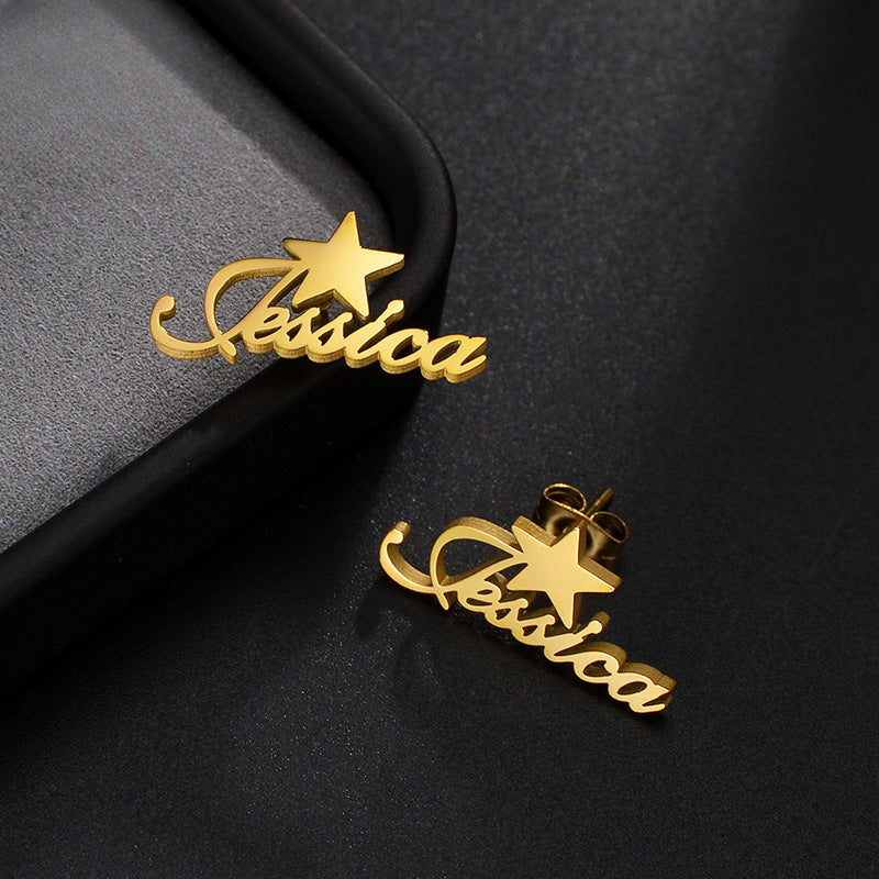Custom name stud earrings with stainless steel letter and enamel heart. Perfect gift.