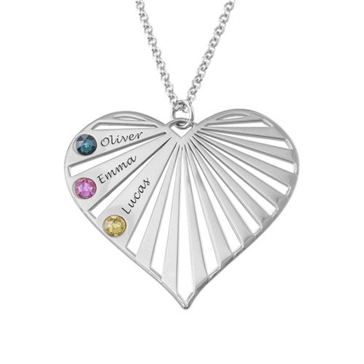Women's diamond collarbone necklace with name lettering and peach heart design, perfect for MOM.