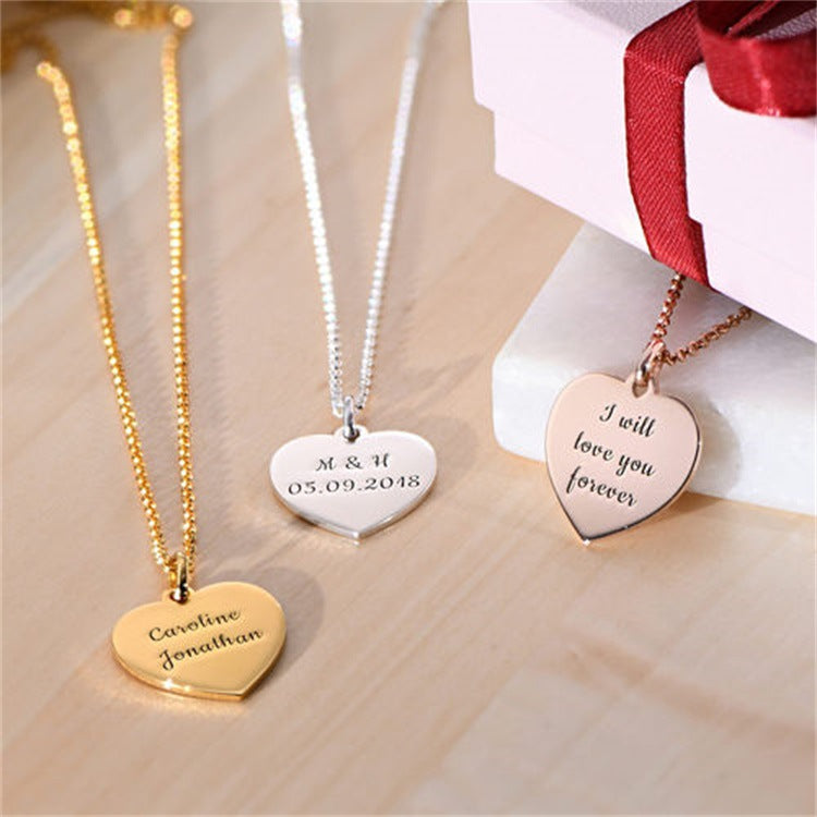 S925 sterling silver heart couple necklace, customizable with letters.