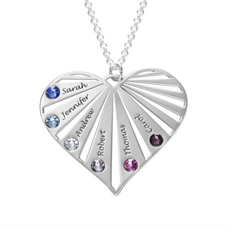 Women's diamond collarbone necklace with name lettering and peach heart design, perfect for MOM.
