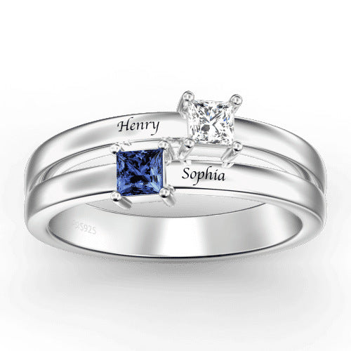 Popular Birthday Stone Women's Men's Ring Simple Silver Couple Wedding Ring Customized Engraving