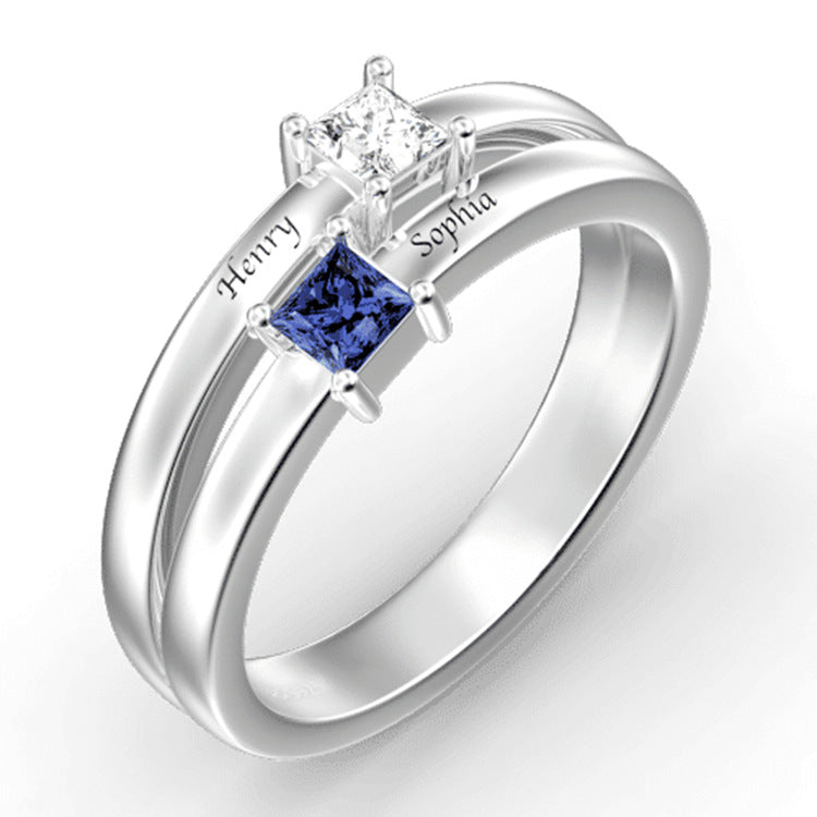 Popular Birthday Stone Women's Men's Ring Simple Silver Couple Wedding Ring Customized Engraving