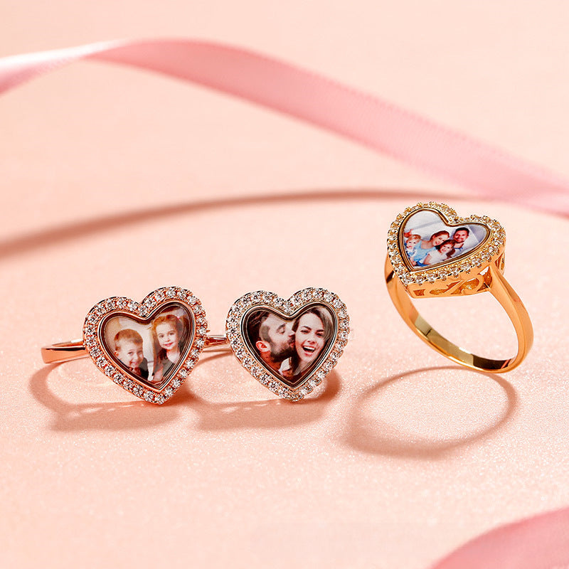 Hot sale sterling silver couple rings with diamonds, customizable photo design. Perfect for family, friends, or lovers.