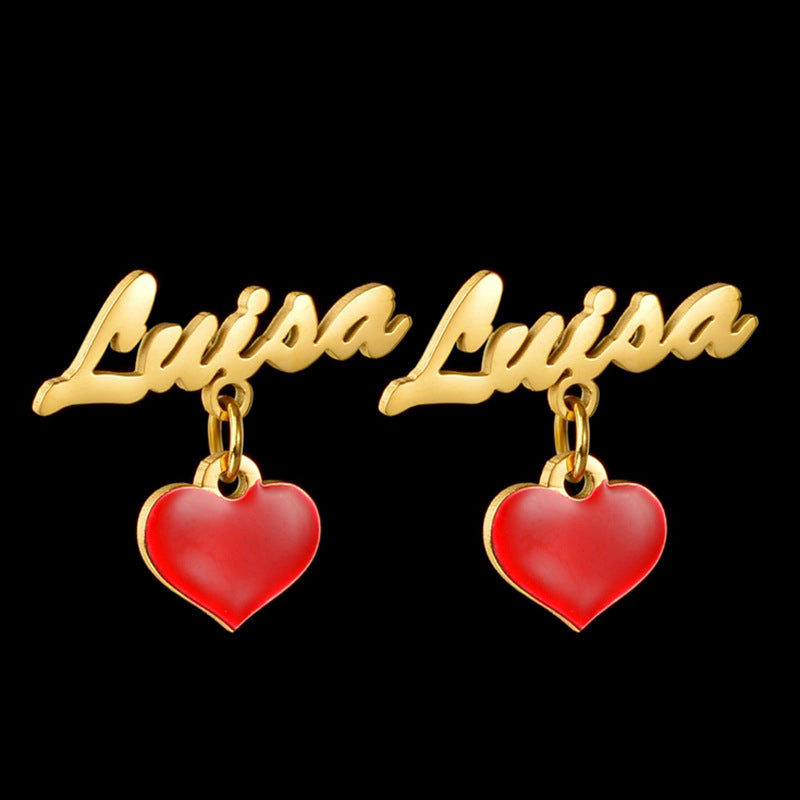 Custom name stud earrings with stainless steel letter and enamel heart. Perfect gift.