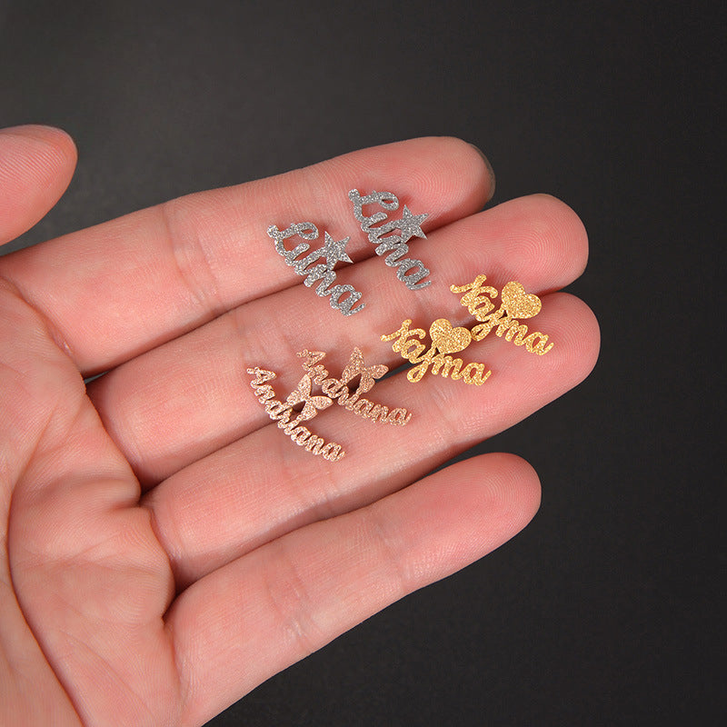 Hot selling stainless steel custom name earrings for women with simple English letters frosted earrings