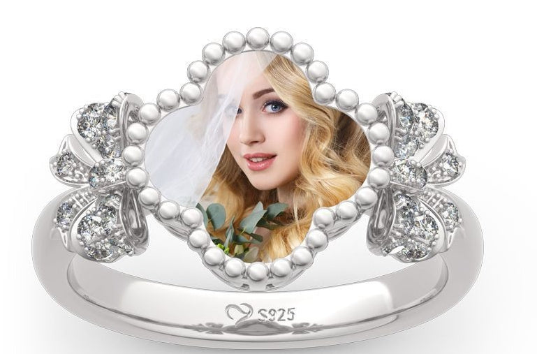 Personalized S925 Sterling Silver Four-Leaf Clover Photo Pendant Ring – Mother’s Day Jewelry, Factory Direct