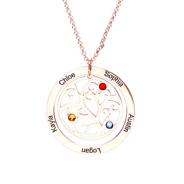 Custom silver birthstone necklace with tree of life design, geometric style and personalised engraving.