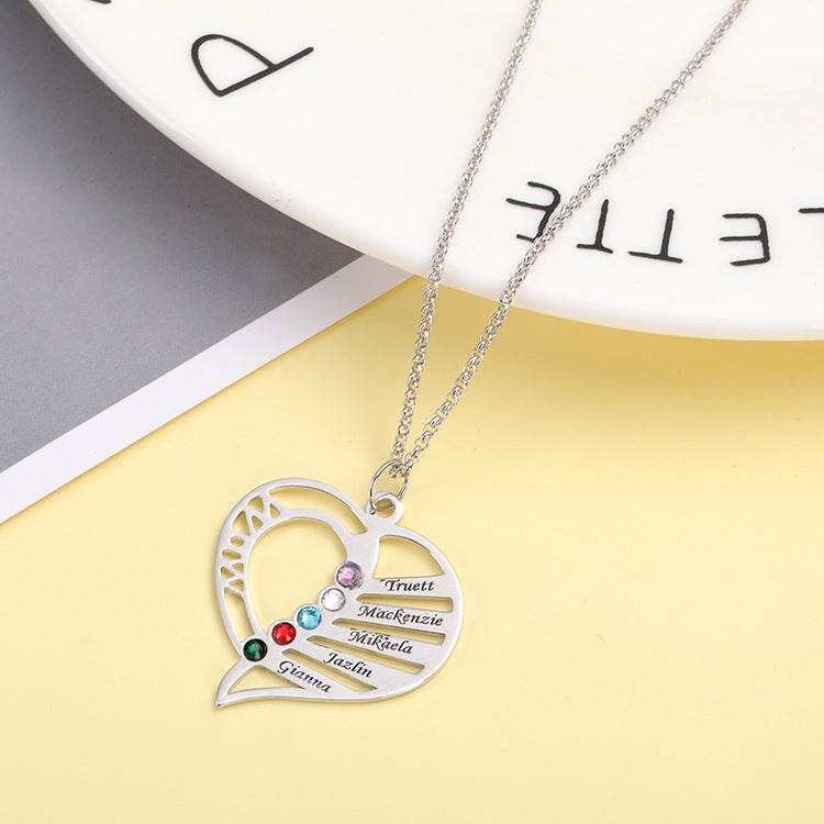 Fashion creative lettering geometric heart-shaped birthstone necklace pendant silver jewelry