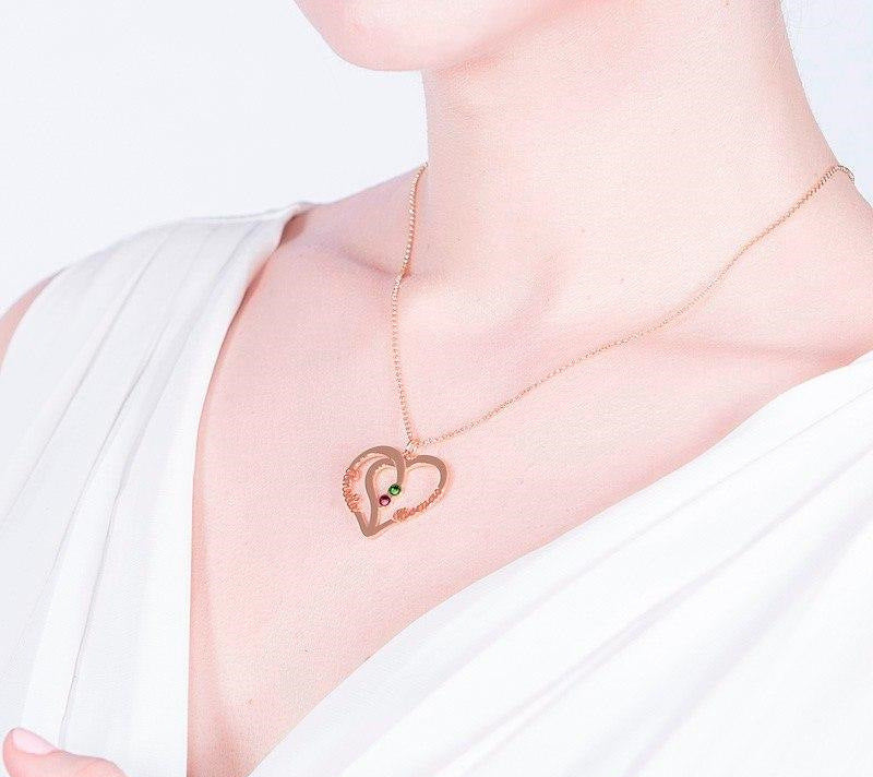 Hot-selling jewelry: intertwined love necklace featuring two names and inlaid birthstones, perfect as a commemorative gift.