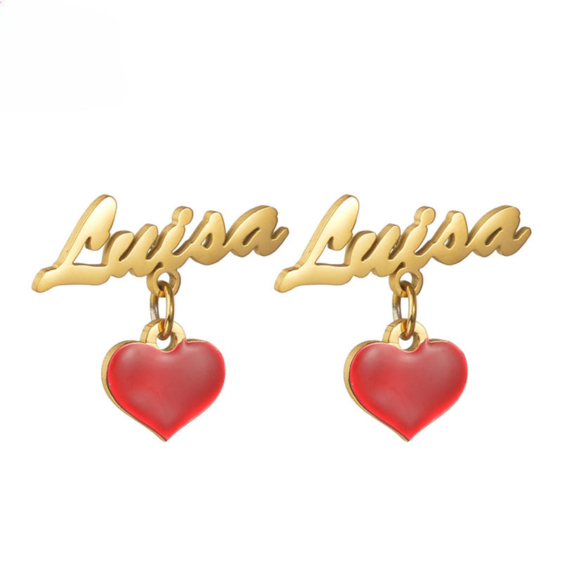 Custom name stud earrings with stainless steel letter and enamel heart. Perfect gift.