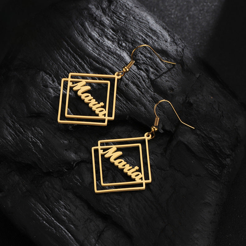 Personalized titanium steel earrings, creative geometric hollow square design with custom name. Simple and elegant.