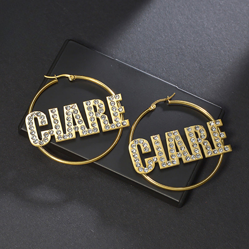 Stainless steel name earrings with diamond-studded English letters, bold large hoops, hot-selling jewelry.