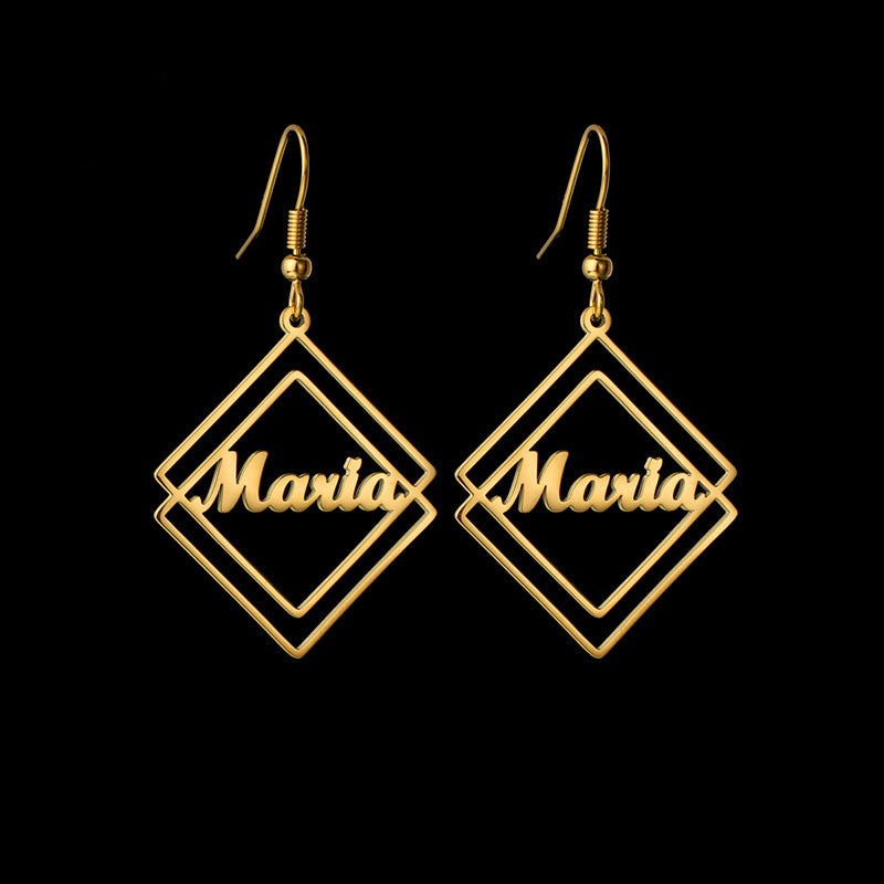 Personalized titanium steel earrings, creative geometric hollow square design with custom name. Simple and elegant.