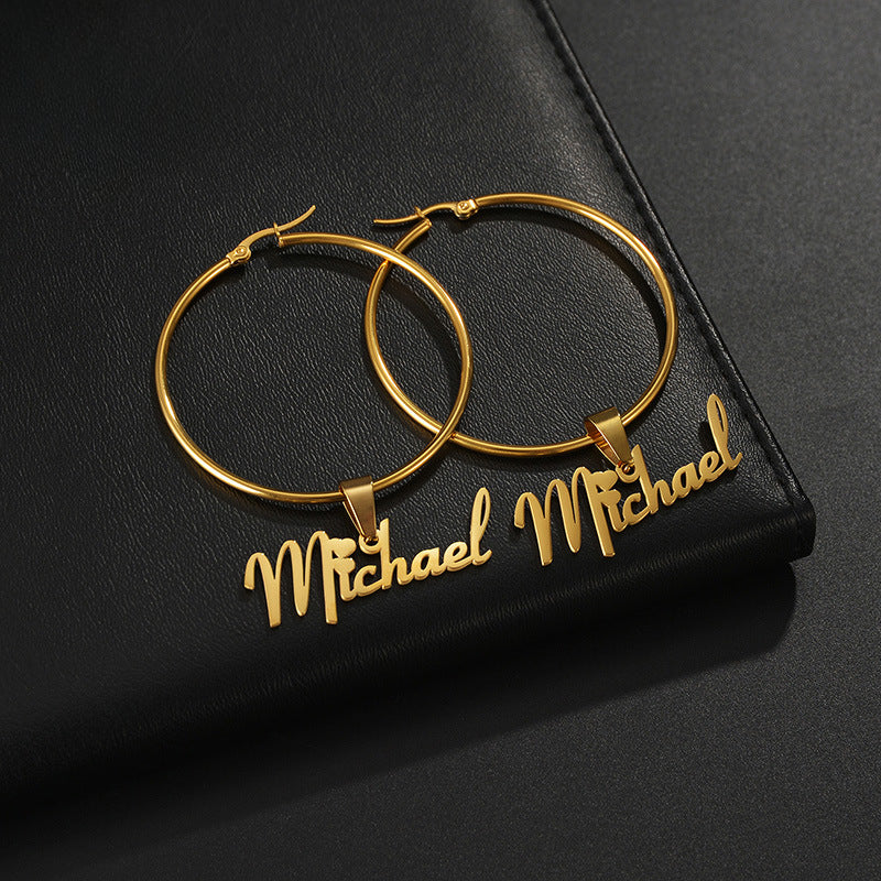 Hot selling round English name earrings Personalized custom stainless steel letter pendant earrings