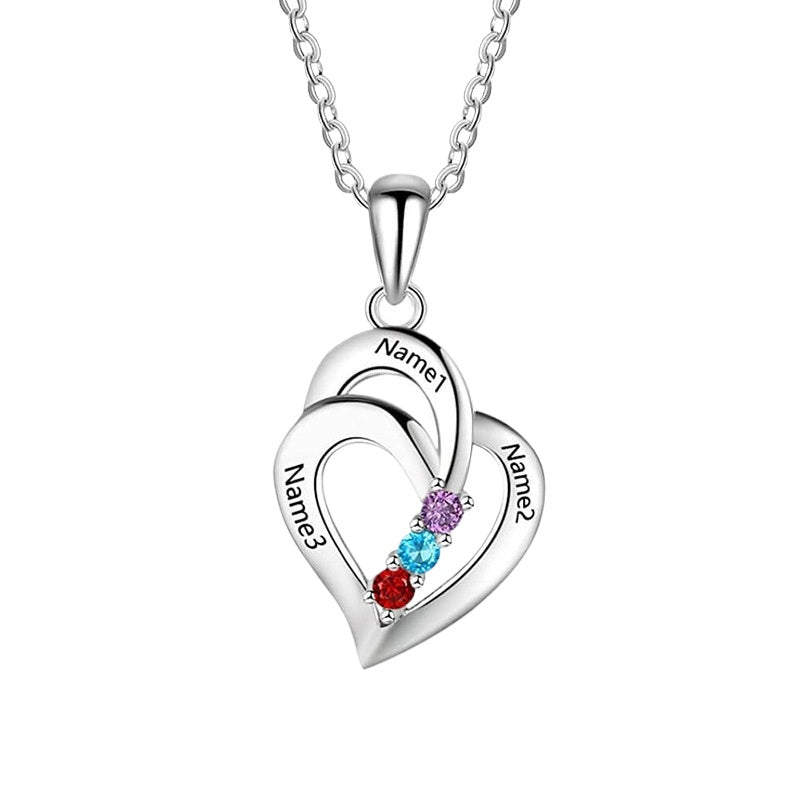 S925 sterling silver heart-shaped personalized name necklace with custom engraving and stone accents. Simple, elegant design perfect for gifts or daily wear.