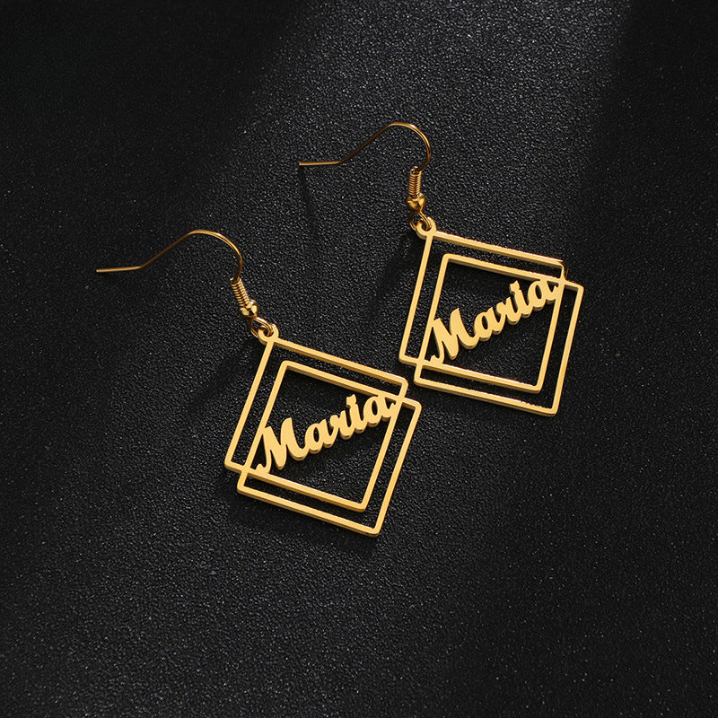 Personalized titanium steel earrings, creative geometric hollow square design with custom name. Simple and elegant.