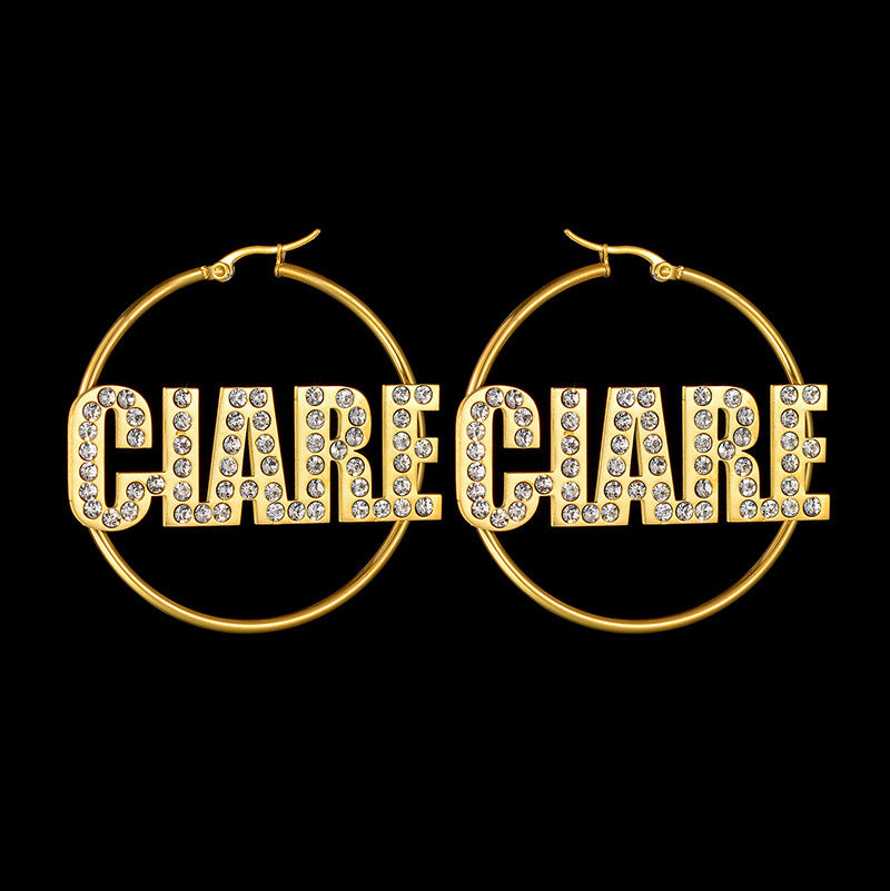 Stainless steel name earrings with diamond-studded English letters, bold large hoops, hot-selling jewelry.
