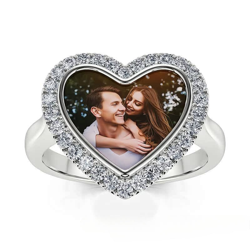 Hot sale sterling silver couple rings with diamonds, customizable photo design. Perfect for family, friends, or lovers.