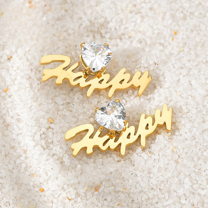 Elegant and stylish women's name earrings with diamond accents, popular stainless steel letter design.