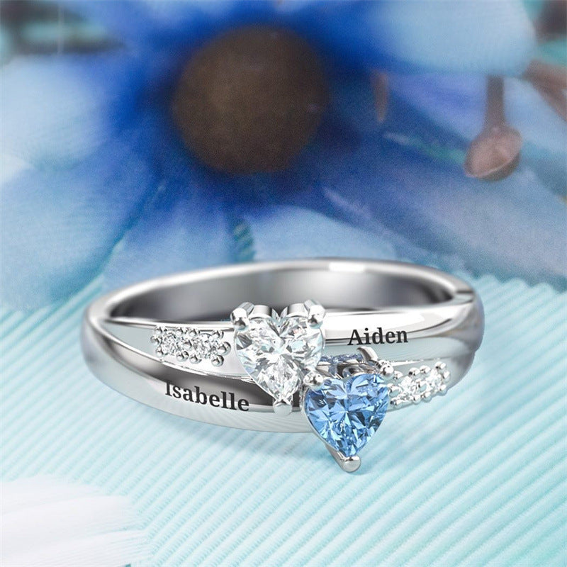 Popular inlaid two birthstones lettering ring Valentine's Day gift