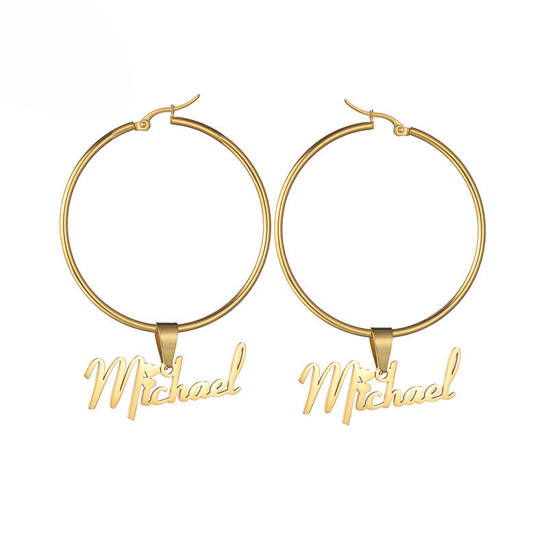 Hot selling round English name earrings Personalized custom stainless steel letter pendant earrings