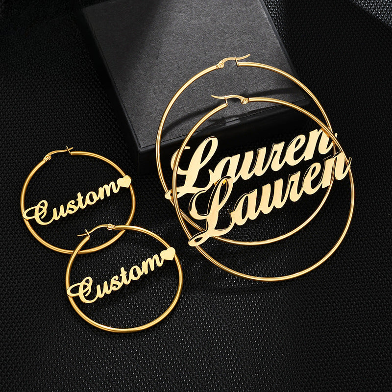 Trendy stainless steel letter name hoop earrings – bold and fashionable statement pieces.
