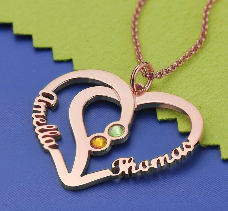 Hot-selling jewelry: intertwined love necklace featuring two names and inlaid birthstones, perfect as a commemorative gift.