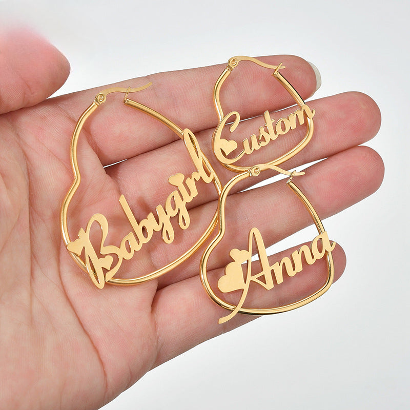 Heart-shaped name earrings with a simple, personalized English letter design.Stainless steel