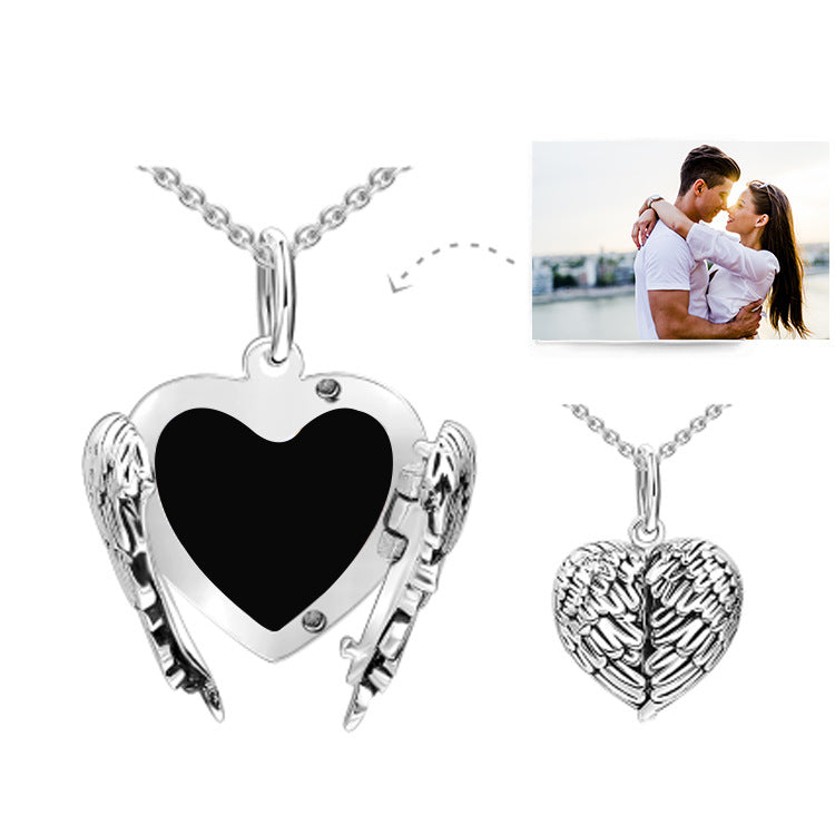 "S925 Sterling Silver Angel Wings Necklace. Custom photo pendant, perfect for Valentine's Day or birthday gift. Personalize your memories."