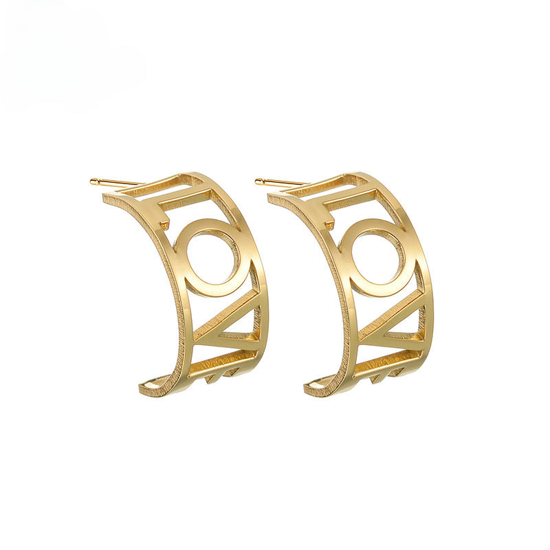 Wish fashion stainless steel name earrings female personality creative wide letter hollow earrings earrings