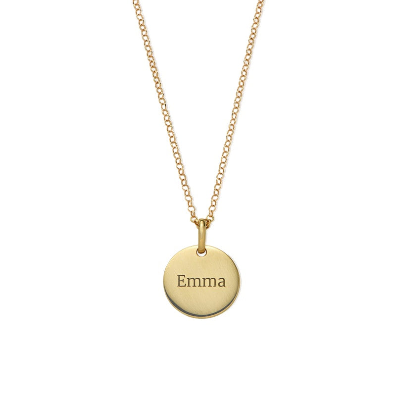 Hot selling jewelry featuring a 13.5mm simple round pendant with personalised brand engraving. Perfect as a necklace or gift.
