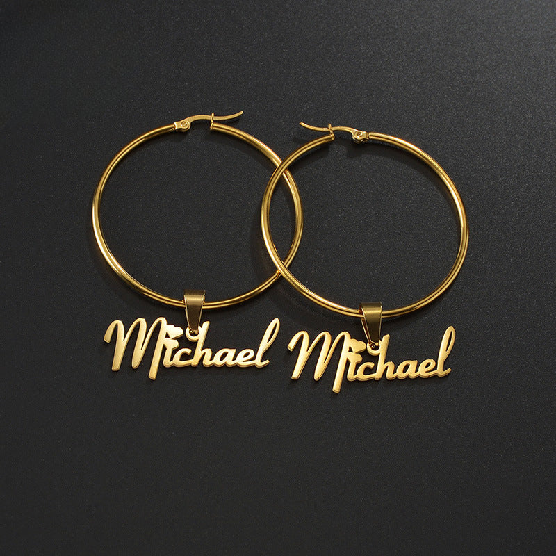 Hot selling round English name earrings Personalized custom stainless steel letter pendant earrings