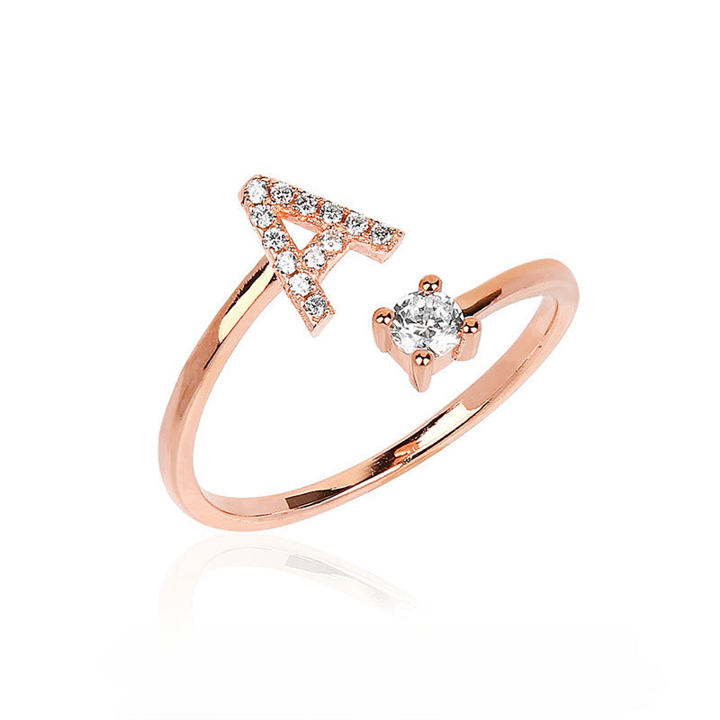 Explosive 26 capital initial letters inlaid round zircon opening adjustable ring