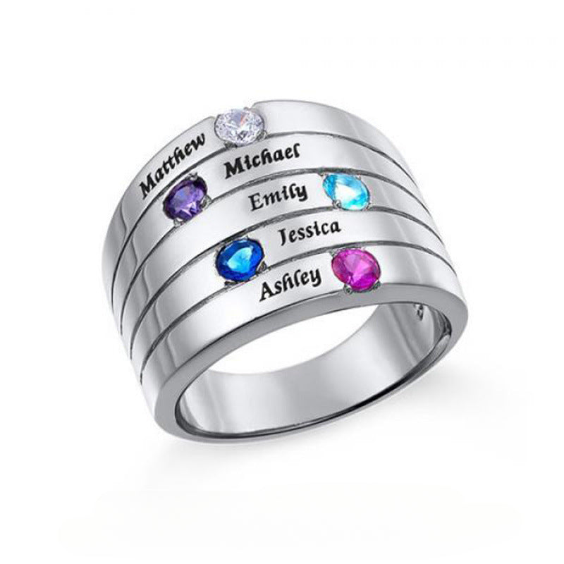 Classic ring set with five birthstones and five names, jewelry, Mother's Day gift.
