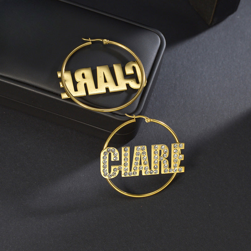 Stainless steel name earrings with diamond-studded English letters, bold large hoops, hot-selling jewelry.