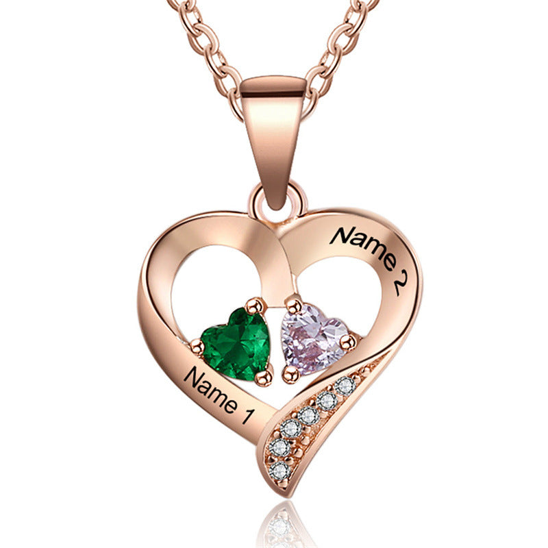 Popular Personalized Name Engraved S925 Silver Heart Pendant Necklace with Two Birthstones – Style