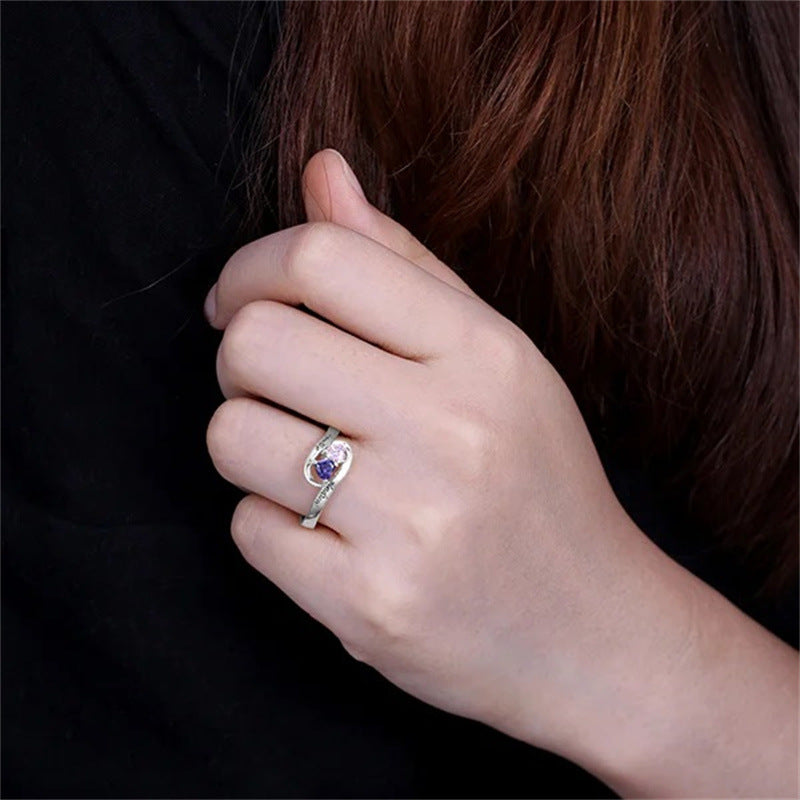 Classic inlaid with two heart-shaped zircon lettering 925 silver ring holiday gift