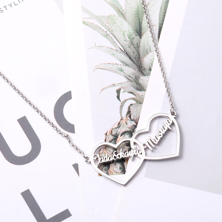 Fashion ins personalized double heart letter English name necklace pendant collarbone silver jewelry