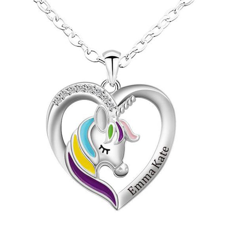 Factory direct sale of fashion unicorn necklaces with custom engraved peach heart pendants. Perfect for personalized jewelry lovers.