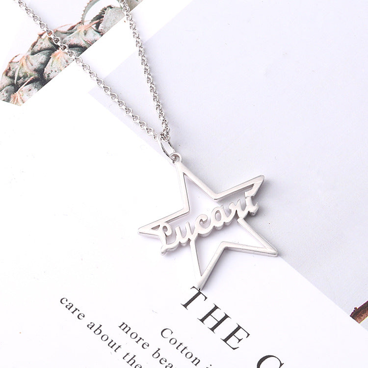 Star-shaped personalized name necklace pendant in silver, trendy design for custom wholesale.
