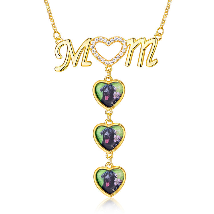 925 silver MOM heart-shaped photo pendant necklace with diamonds. Customizable, perfect for mother’s gift, available for wholesale.