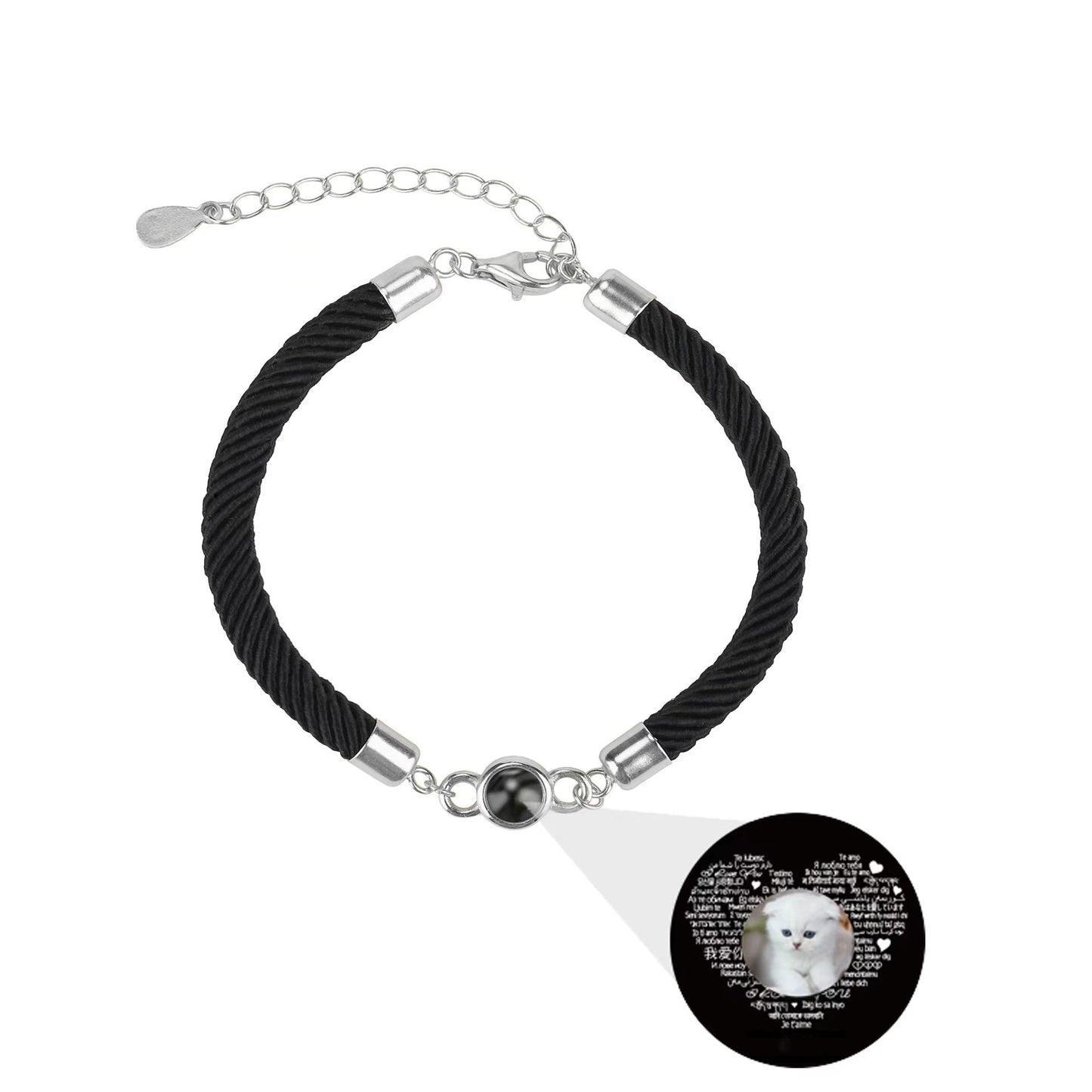 Customizable projection bracelet with "I Love You" in 100 languages, minimalist and stylish, perfect holiday gift.