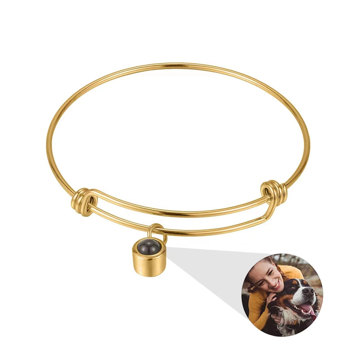 New adjustable stainless steel bangle with custom photo projection. Personalized titanium bracelet.