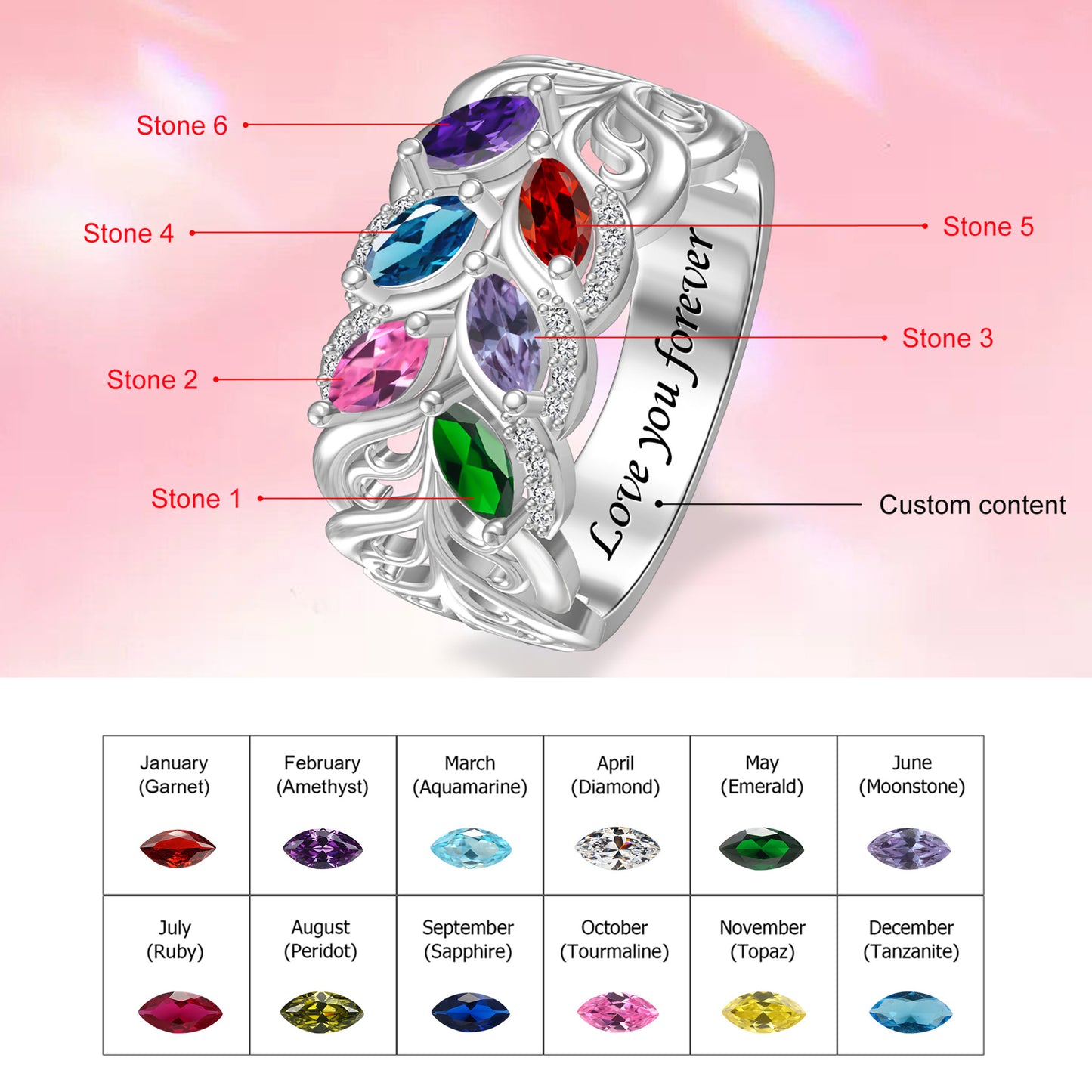 Marquise 12 birthstone name ring, custom engraving available. Perfect birthday gift