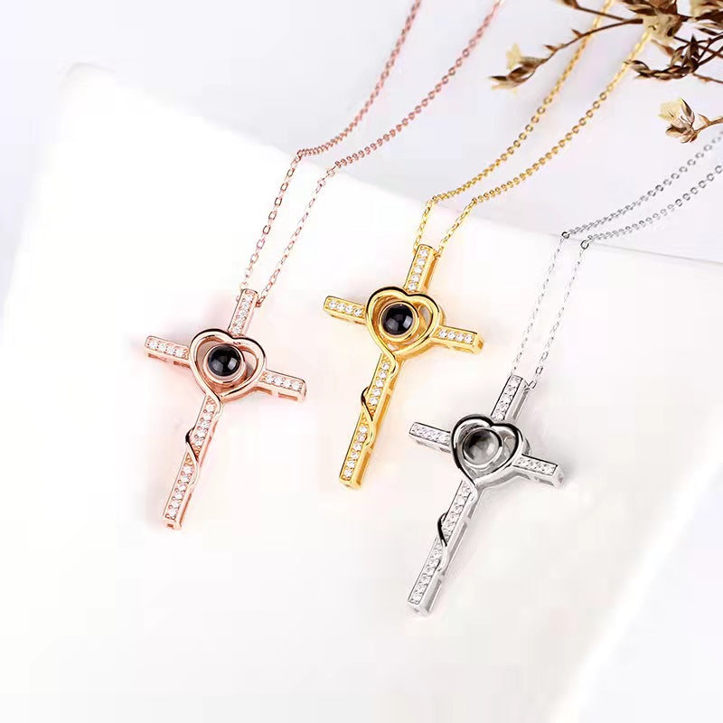 "Custom Cross Projection Necklace – Displays 'I Love You' in 100 Languages with Personalized Photo, Stylish Korean Design."