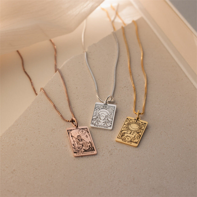 New European and American Jewelry: Engraved Tarot Card Pendant Necklace with Exquisite Square Tarot Design—Perfect Gift for Friends.