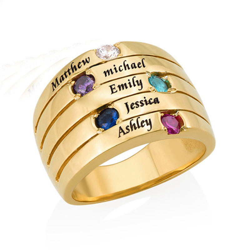 Classic ring set with five birthstones and five names, jewelry, Mother's Day gift.